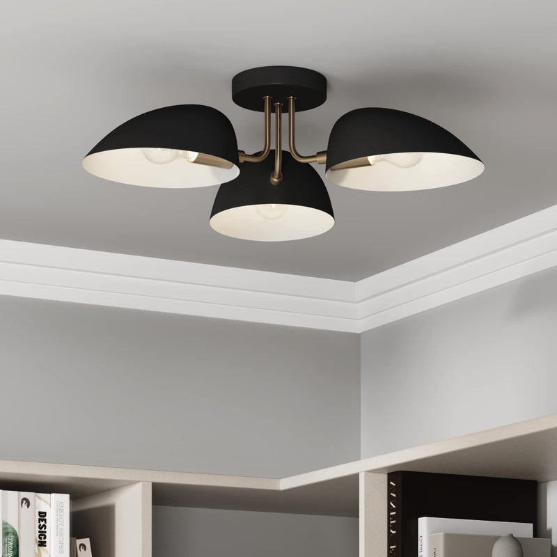Nathan James Argo Semi Mount Flush Ceiling Light, 3-Lights Modern Retro Lighting with Black Rounded Shades for Hallway, Dining Room and Bedroom, Brass Gold/Black - Image 1