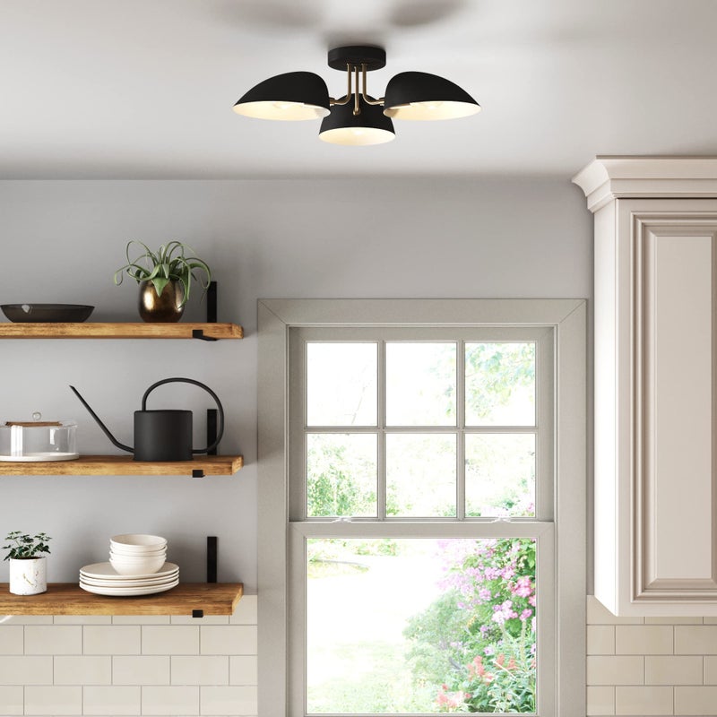 Nathan James Argo Semi Mount Flush Ceiling Light, 3-Lights Modern Retro Lighting with Black Rounded Shades for Hallway, Dining Room and Bedroom, Brass Gold/Black - Image 2