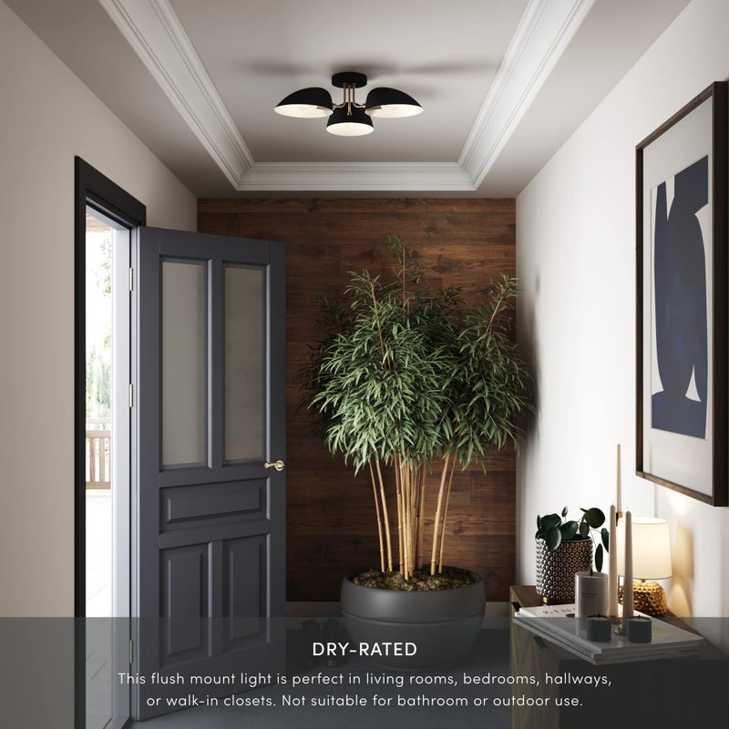 Nathan James Argo Semi Mount Flush Ceiling Light, 3-Lights Modern Retro Lighting with Black Rounded Shades for Hallway, Dining Room and Bedroom, Brass Gold/Black - Image 3