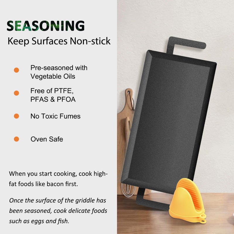 LTLUO Universal Large Carbon Steel Griddle for Outdoor Gas Grill, Induction, Gas/Electric Stove, and Oven, Double Burner Griddle with Thickened Heat-insulating Gloves, Pre-seasoned Nitride Coating Process - Image 5