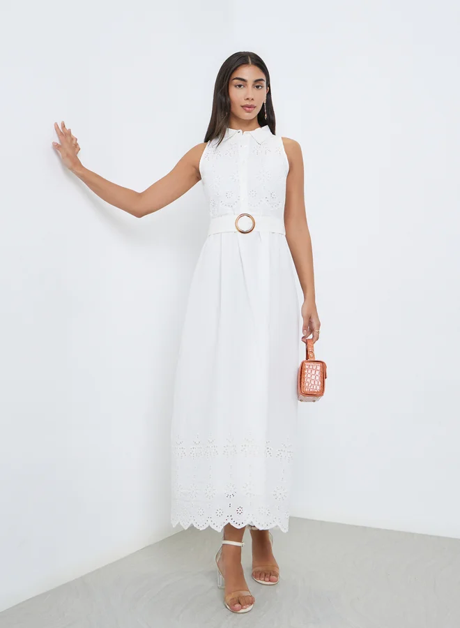 Styli Styli Schiffli Off-White Belted Shirt Midi Dress