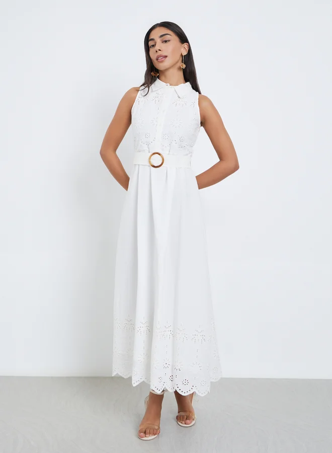 Styli Styli Schiffli Off-White Belted Shirt Midi Dress