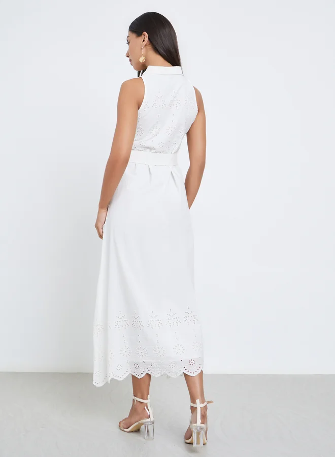 Styli Styli Schiffli Off-White Belted Shirt Midi Dress