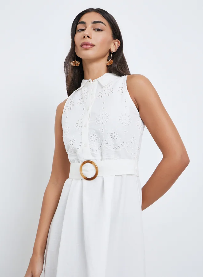 Styli Styli Schiffli Off-White Belted Shirt Midi Dress