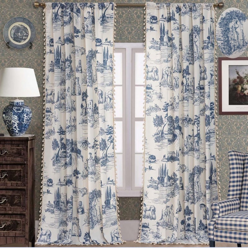 F-CHU Blue Curtains 2 Panel Set Drapes for Bedroom Aesthetic Decor Retro Cottage Toile Shabby Chic Design Farmhouse Semi Blackout Curtains 96 Inches Long for Living Room, 55" W x 96" L - Image 1