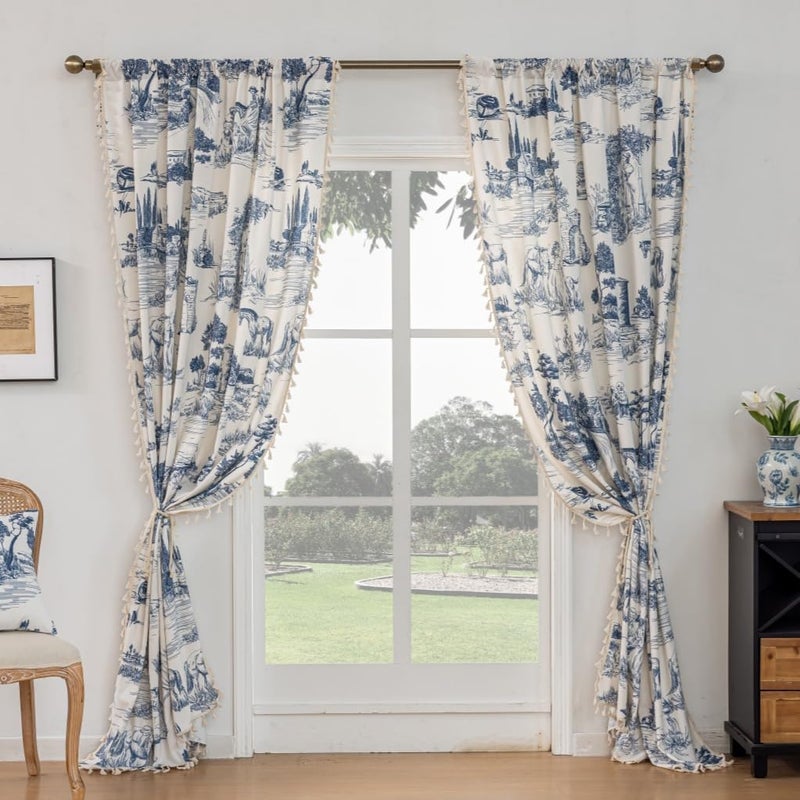 F-CHU Blue Curtains 2 Panel Set Drapes for Bedroom Aesthetic Decor Retro Cottage Toile Shabby Chic Design Farmhouse Semi Blackout Curtains 96 Inches Long for Living Room, 55" W x 96" L - Image 5