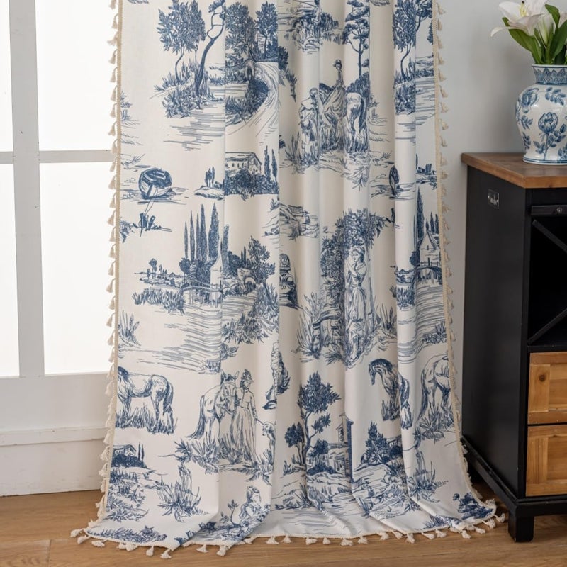 F-CHU Blue Curtains 2 Panel Set Drapes for Bedroom Aesthetic Decor Retro Cottage Toile Shabby Chic Design Farmhouse Semi Blackout Curtains 96 Inches Long for Living Room, 55" W x 96" L - Image 4