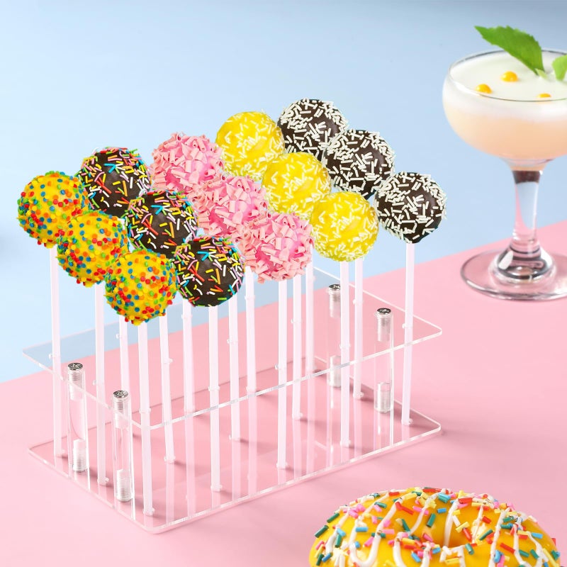 HENABLE 2 Pack Cake Pop Stand with Sticks & Wrappers, 15 Holes Acrylic Cake Pops Holder Disply, Clear Cake Pops Sticks Kit, Lollipop Hold Stand for Drying, Dessert Table, Party Supplies - Image 3