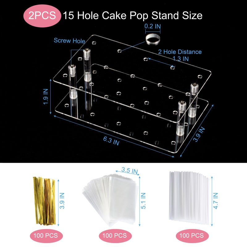 HENABLE 2 Pack Cake Pop Stand with Sticks & Wrappers, 15 Holes Acrylic Cake Pops Holder Disply, Clear Cake Pops Sticks Kit, Lollipop Hold Stand for Drying, Dessert Table, Party Supplies - Image 2