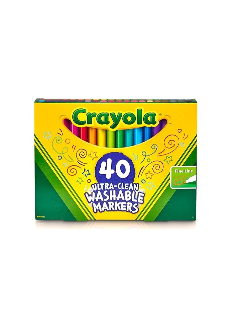 كرايولا أقلام ماركر قابلة للغسل من Crayola ألترا كلين – طقم 40 قلم خط رفيع للأطفال - Image 1