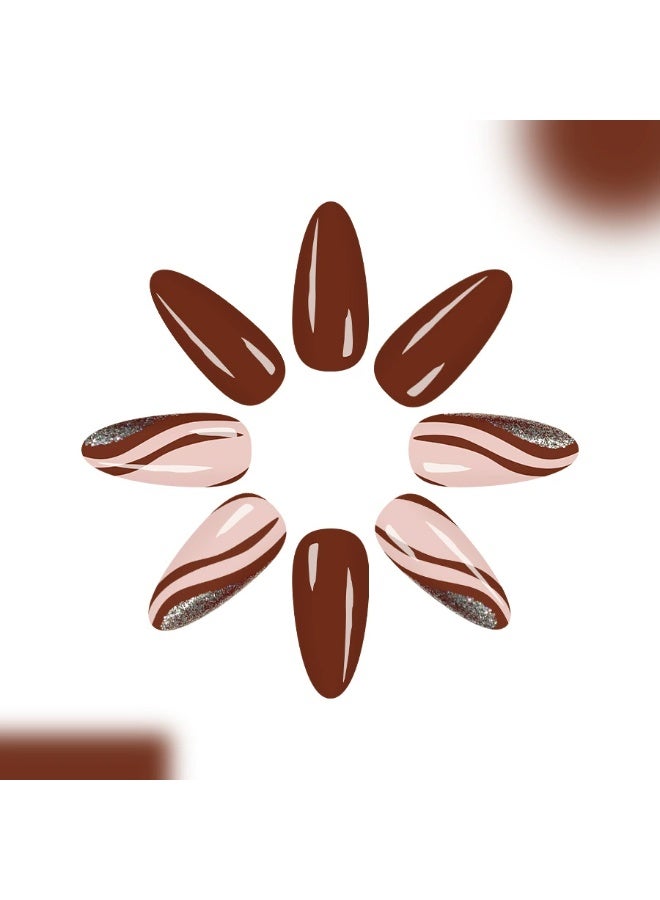 Goolsky Edgy Chic Coffee Irregular Line Glitter Drop-shaped Press-on Nails - Image 3