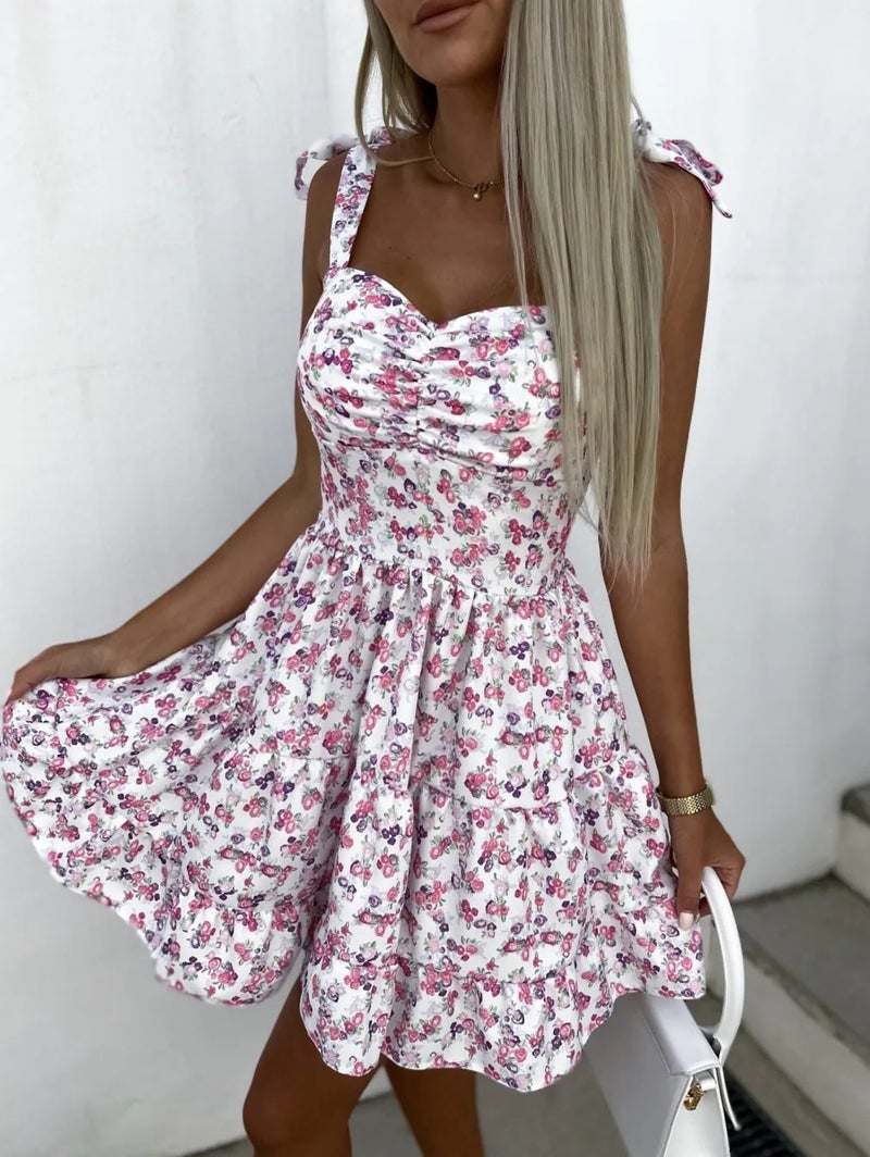 Printed Strap Adjustable Waist Pleated Dress - Image 2