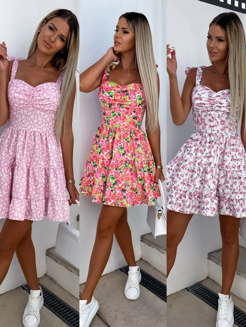 Printed Strap Adjustable Waist Pleated Dress - Image 1