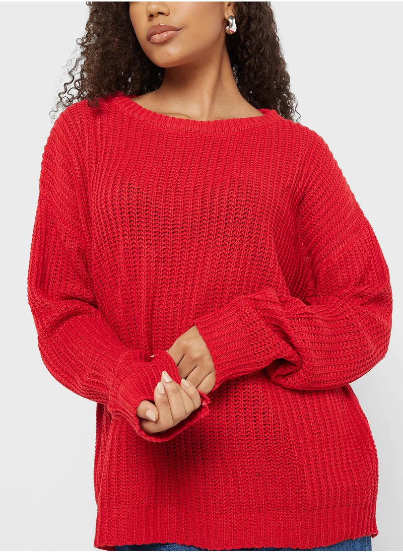 جينجر Chunky Cable Knit Crew Neck Sweater
