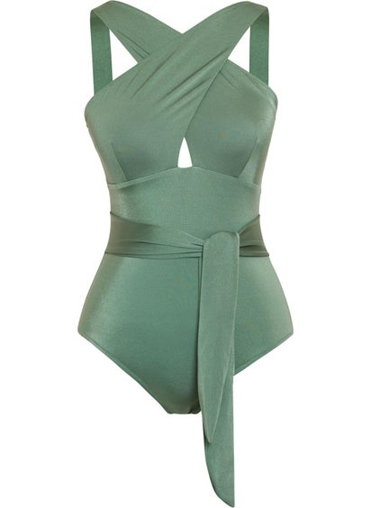 Sailor Fashion Belted Crossover Swimsuit