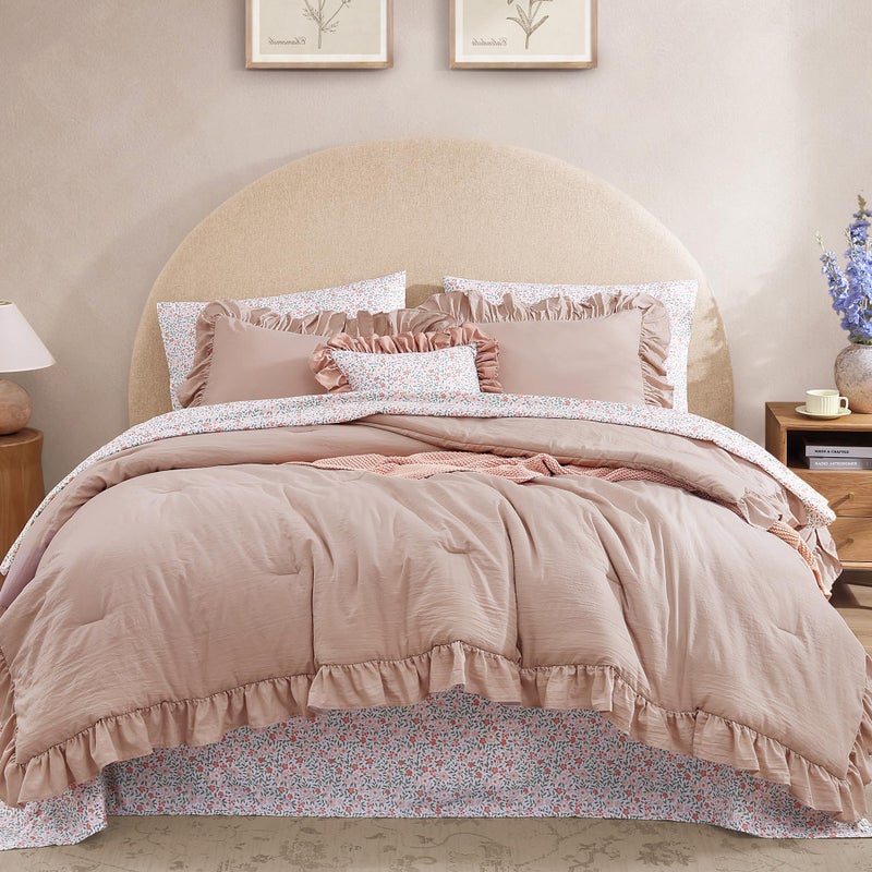 BLOOMHAVEN Queen Comforter Set - 7 Pieces Ruffle Pink Bedding Sets, Shabby Chic Farmhouse Bed in a Bag Queen with Ruffle Comforter, Floral Sheets, Pillowcases & Shams - Image 1