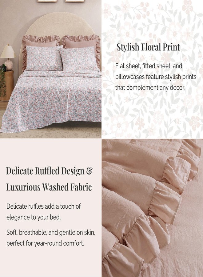 BLOOMHAVEN Queen Comforter Set - 7 Pieces Ruffle Pink Bedding Sets, Shabby Chic Farmhouse Bed in a Bag Queen with Ruffle Comforter, Floral Sheets, Pillowcases & Shams - Image 4
