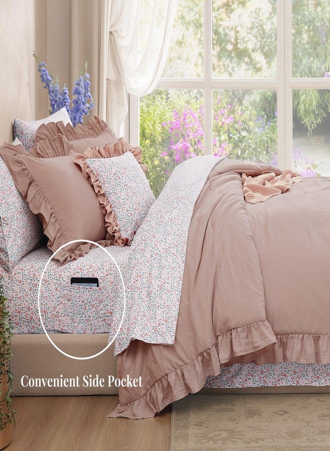 BLOOMHAVEN Queen Comforter Set - 7 Pieces Ruffle Pink Bedding Sets, Shabby Chic Farmhouse Bed in a Bag Queen with Ruffle Comforter, Floral Sheets, Pillowcases & Shams - Image 3