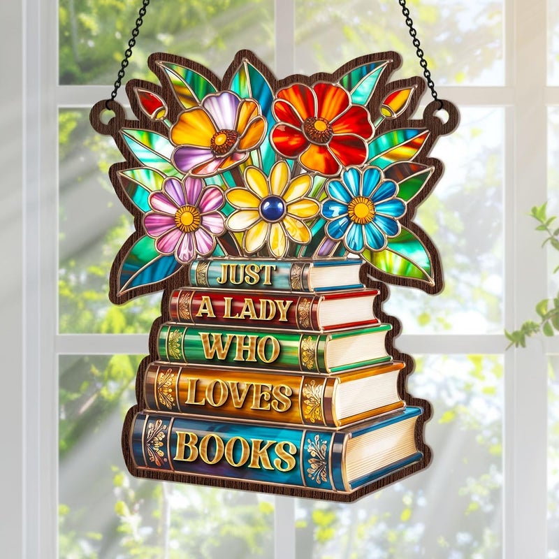 Jesuspirit - Window Hanging Suncatcher – Crystal Clear Acrylic & Wood Sun Catcher for Home Decor, for Women (Just A Lady Who Loves Books, 6 Inches) - Image 2