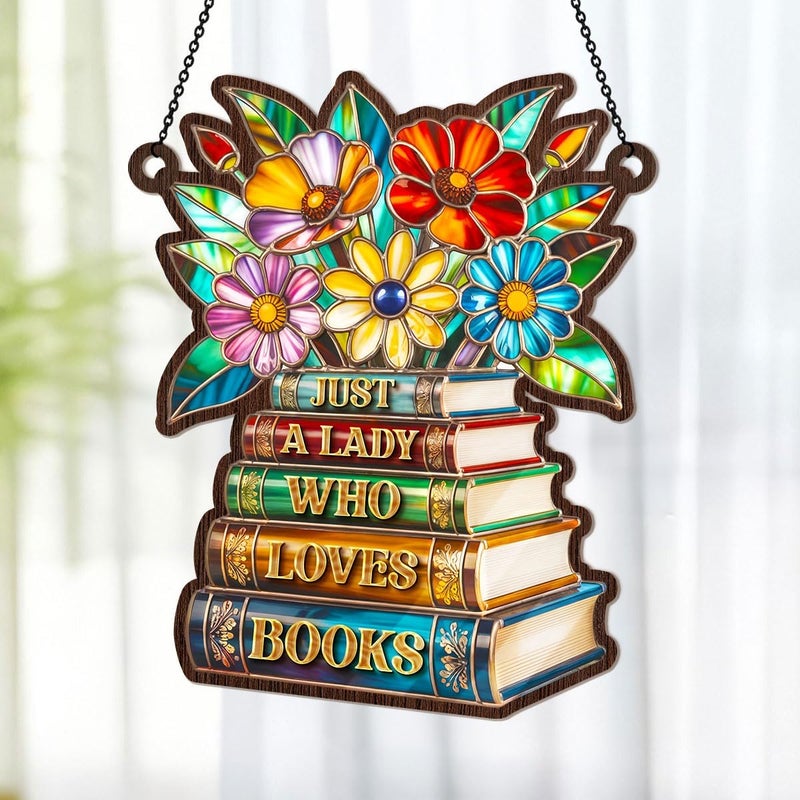 Jesuspirit - Window Hanging Suncatcher – Crystal Clear Acrylic & Wood Sun Catcher for Home Decor, for Women (Just A Lady Who Loves Books, 6 Inches) - Image 4