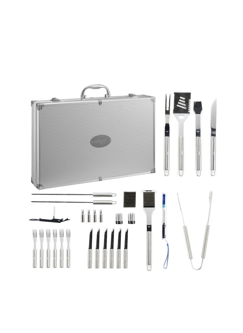 BASURRAH 33 Piece BBQ Tool Set Professional Stainless Steel BBQ Tool Set Includes Flat Spatula, Knives, Forks, Tongs and Many Other BBQ Accessories  - Image 5