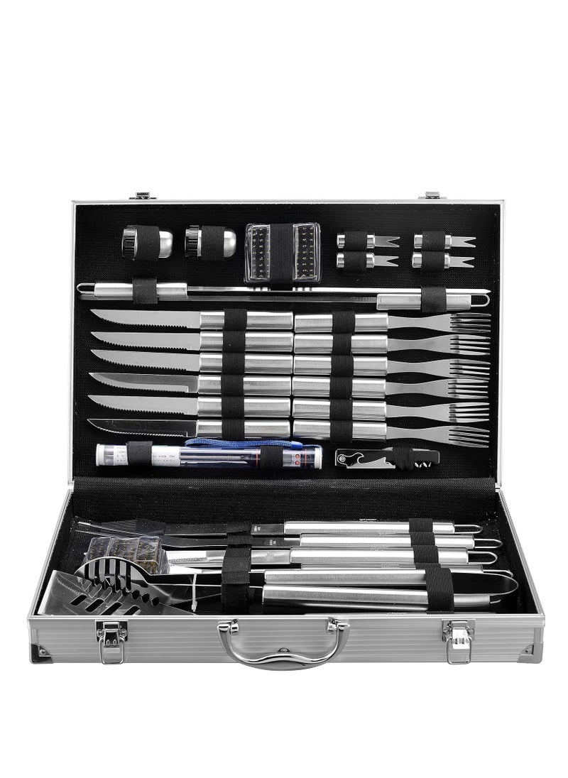 BASURRAH 33 Piece BBQ Tool Set Professional Stainless Steel BBQ Tool Set Includes Flat Spatula, Knives, Forks, Tongs and Many Other BBQ Accessories  - Image 1