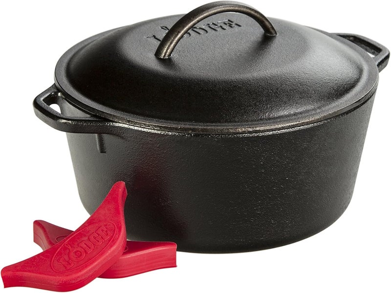 Lodge L8DOL3HH41PLT Cast Iron Dutch Oven with Handle Holders, 5 quart, Black/Red - Image 1