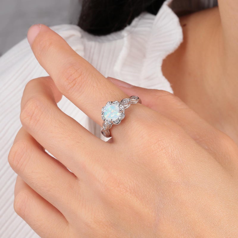 CiNily White Opal Rings for Women-White Gold Plated Engagement Anniversary Ring Gemstone Opal Jewelry Size 7 - Image 2