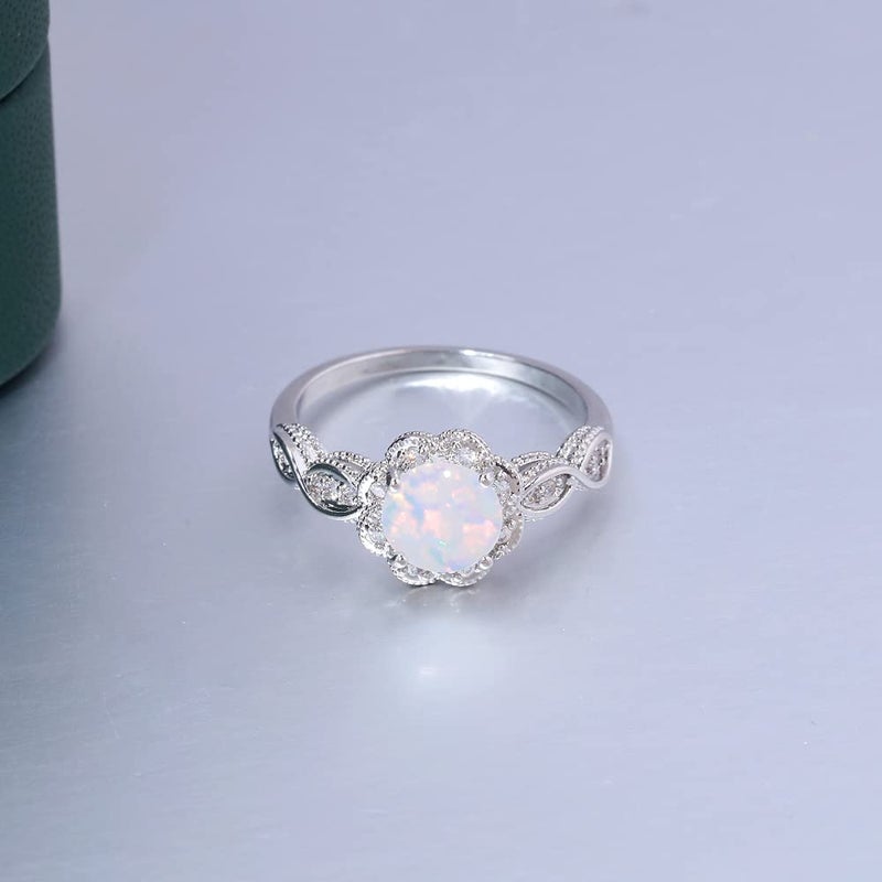 CiNily White Opal Rings for Women-White Gold Plated Engagement Anniversary Ring Gemstone Opal Jewelry Size 7 - Image 4