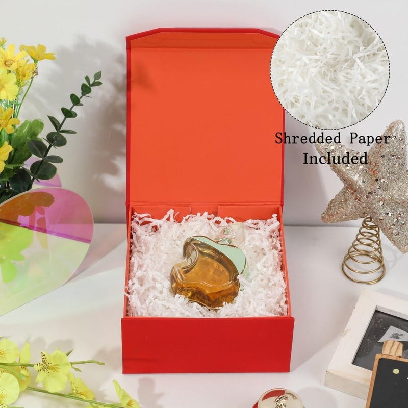 PACKGILO 1 Pcs 6x6x3 Inch Red Magnetic Gift Box Small Magnetic Box with Crinkle Paper Red Small Gift Box with Shredded Paper Luxury Gift Boxes with Lids for Presents - Image 2