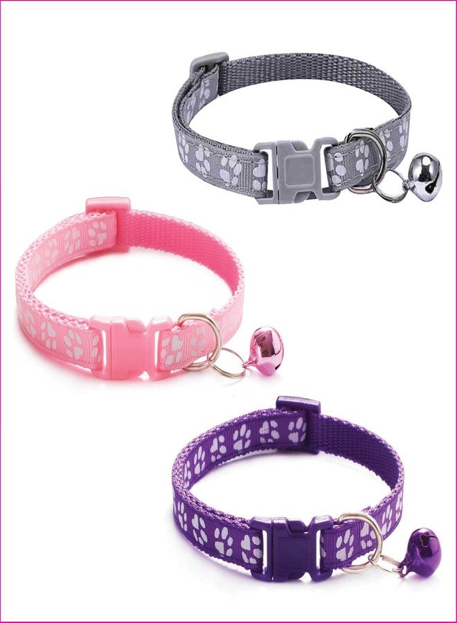 Litvibes Cat Collars Set of 3 with Bell,Kitten & Small Dogs Soft Adjustable Collar Safe,Solid & Protection Breakaway for Cats & Puppies,Cute Kitty with Paw Print-(Grey,Purple,Light Pink) - Image 1