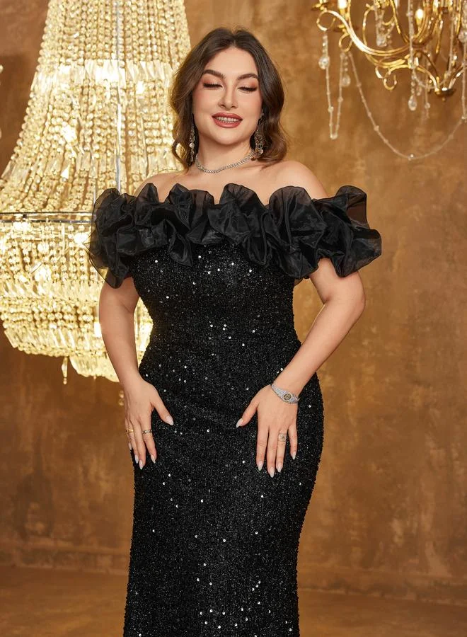 Unithorse Plus Size Black Sequin A-Line Maxi Dress