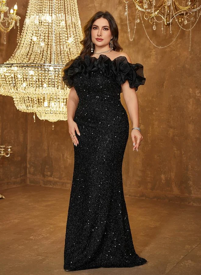 Unithorse Plus Size Black Sequin A-Line Maxi Dress