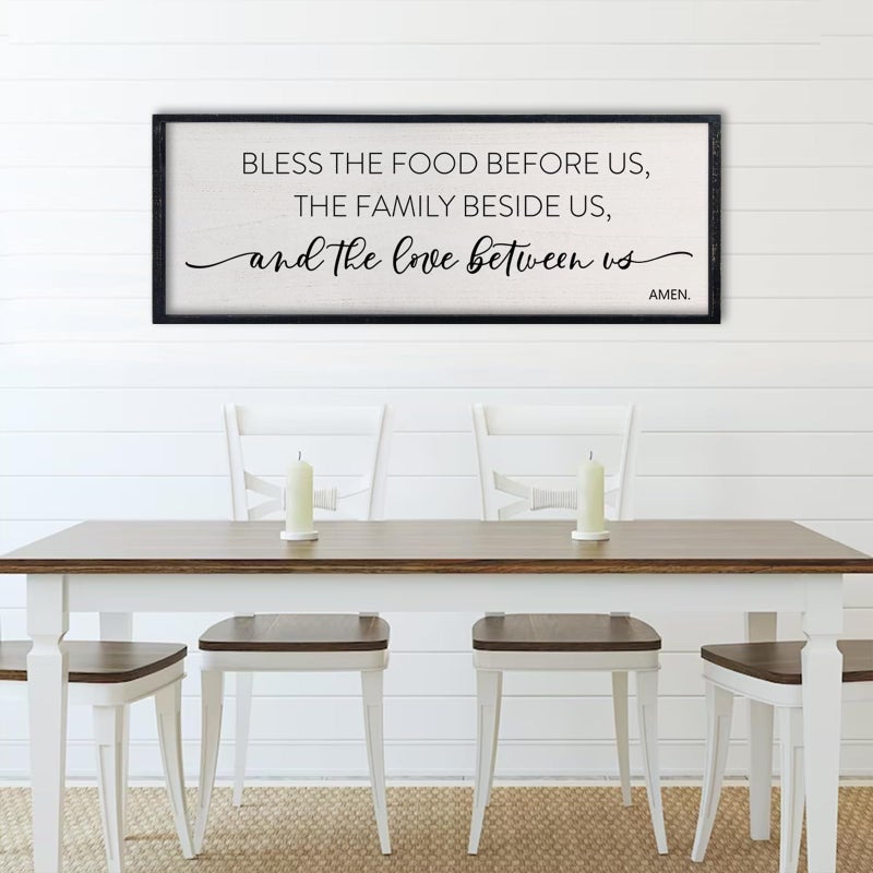 comurdyo Bless the Food Before Us Sign, 32" X 12" for Dining Room Kitchen Large Vintage Wall Decor, Farmhouse Christian Scripture Wooden Framed Religious Wall Hanging Art (Black) - Image 1
