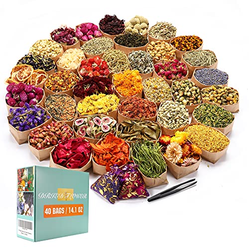 SACATR 40 Bags Natural Dried Flowers Kit, Natural Dried Herbs with 2 Mesh Drawstring Bag for Soap,Candle,Resin Jewelry Making,Bath,Nail - Rose Petals,Rosebuds,Lilium,Jasmine,Don't Forget Me and More - Image 1