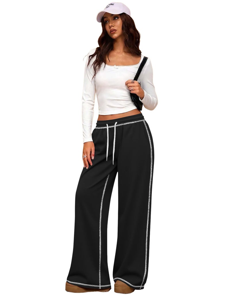 LUYAA Sweatpants Women Wide Leg Lounge Pants for Women Black Sweat Pants with Pockets Drawstring Athletic Pant M - Image 4
