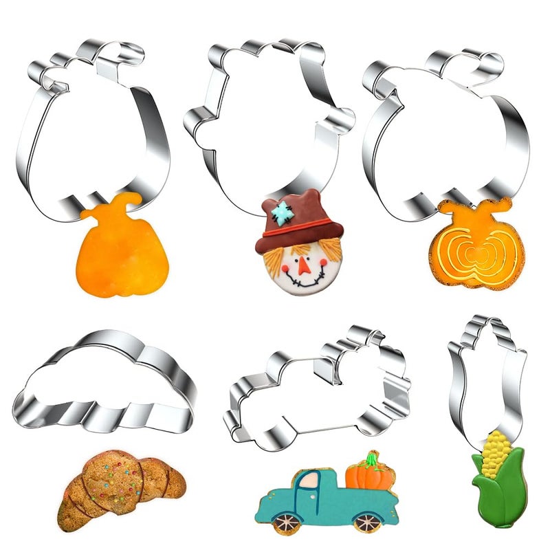 ALIBBON 6 Pcs Fall Cookie Cutter Set Thanksgiving Fall Holiday Pumpkin Harvest Truck Corn Owl Croissant Biscuit Mold Autumn Stainless Steel Cookie Cutters for Thanksgiving Dinner Party Supplies