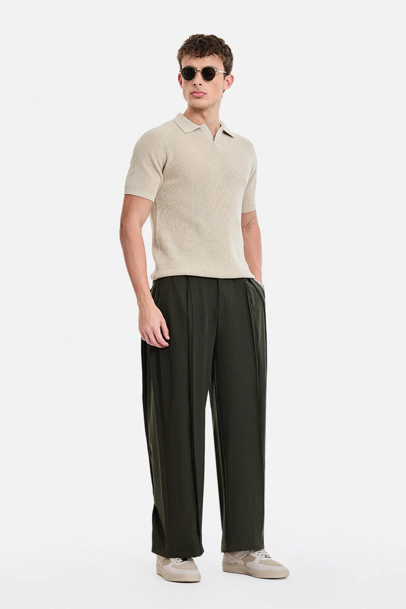 سنيتش Olive Solid Wide Leg Casual Trousers