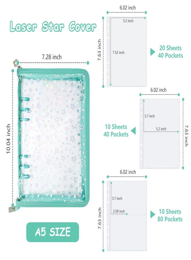 Ruatu Sticker Storage Organizer Binder A5 Sticker Collecting Book Reusable Zipper Album with Clear Laser Star Cover and Pocket Pages (Cyan) - Image 5