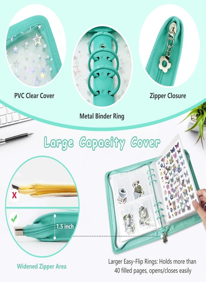 Ruatu Sticker Storage Organizer Binder A5 Sticker Collecting Book Reusable Zipper Album with Clear Laser Star Cover and Pocket Pages (Cyan) - Image 2