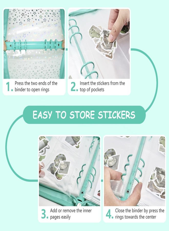 Ruatu Sticker Storage Organizer Binder A5 Sticker Collecting Book Reusable Zipper Album with Clear Laser Star Cover and Pocket Pages (Cyan) - Image 4