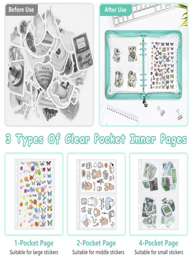 Ruatu Sticker Storage Organizer Binder A5 Sticker Collecting Book Reusable Zipper Album with Clear Laser Star Cover and Pocket Pages (Cyan) - Image 3