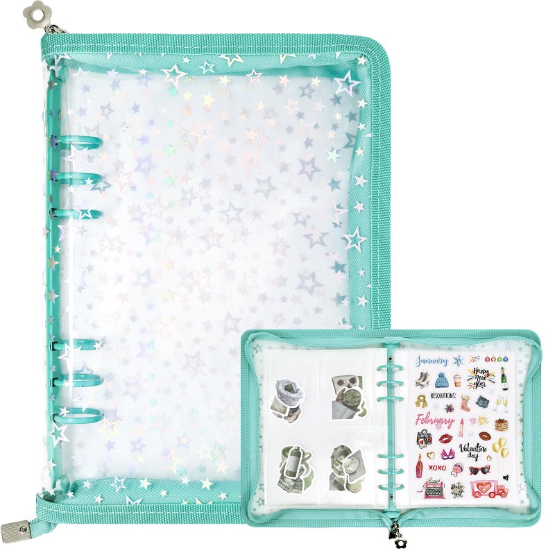 Ruatu Sticker Storage Organizer Binder A5 Sticker Collecting Book Reusable Zipper Album with Clear Laser Star Cover and Pocket Pages (Cyan) - Image 1