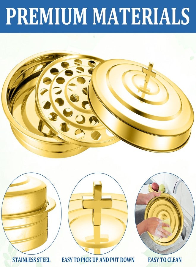 Jingmore صينية جينغمور للتناول المقدس للكنائس مع غطاء، طقم أكواب من الفولاذ المقاوم للصدأ مع غطاء، لوازم الكنيسة (الأكواب غير متضمنة) (لون ذهبي) - Image 3