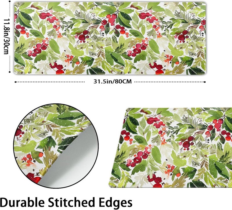 aportt Watercolor Holly Christmas Mouse Pad Green Leaves Red Berry Xmas Extended Large Mat Mousepad Desk Pad Rubber Base Stitched Edge Winter Holiday Long Keyboard Pad for Computer,31.5×11.8 Inch - Image 2