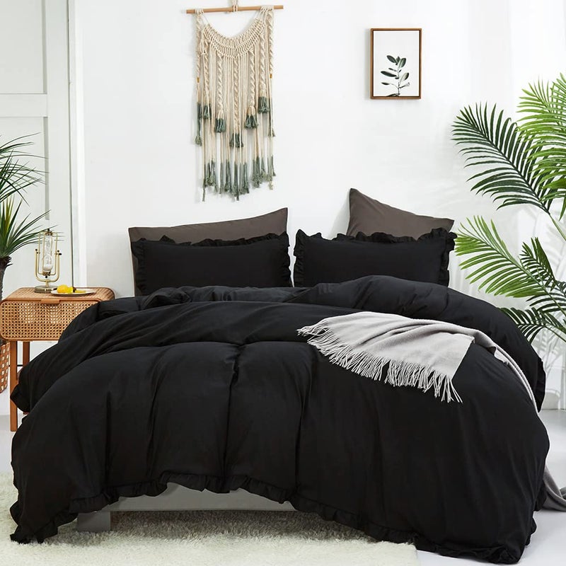 CLOTHKNOW Black Ruffles Full Size Comforter Sets 3Pcs Farmhouse Bedding Comforter Sets Shabby Chic Comforters Black Comforter with 2 Pillowcases