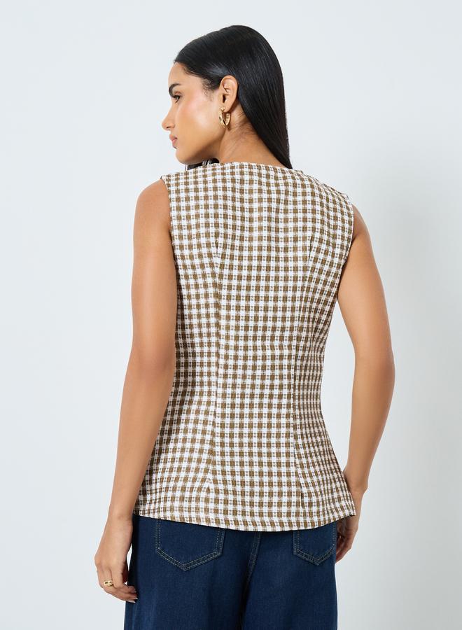 Styli Brown Gingham Sleeveless Waistcoat - Image 5