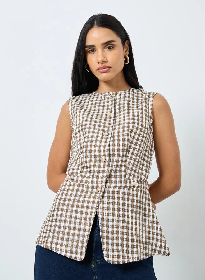 Styli  Styli Brown Gingham Sleeveless Waistcoat for Women | Best Price UAE