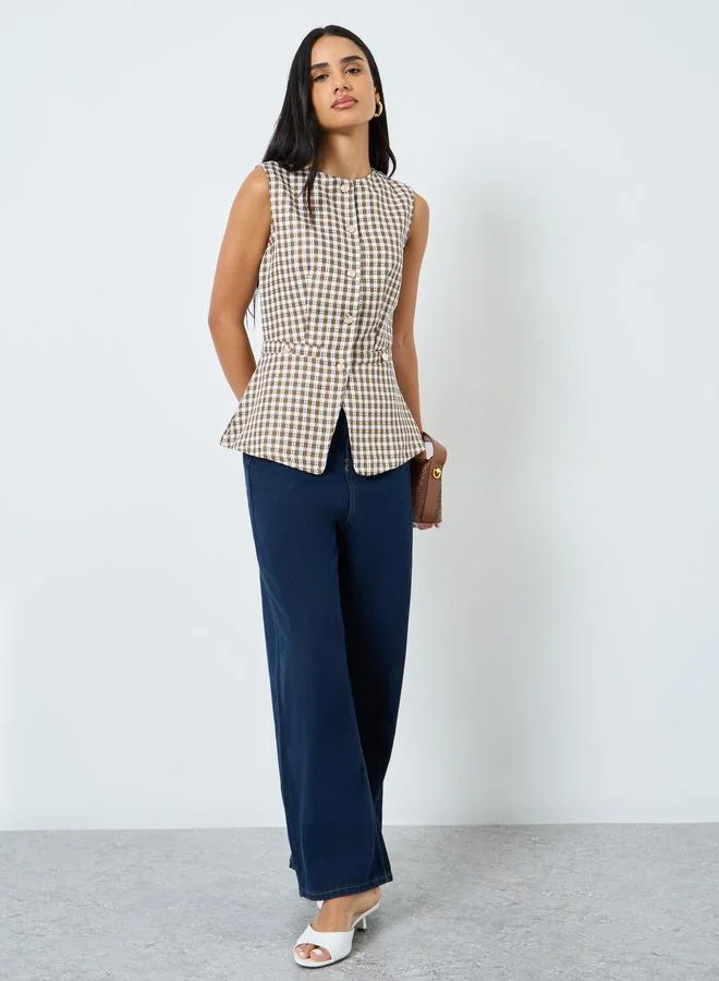 Styli  Styli Brown Gingham Sleeveless Waistcoat for Women | Best Price UAE
