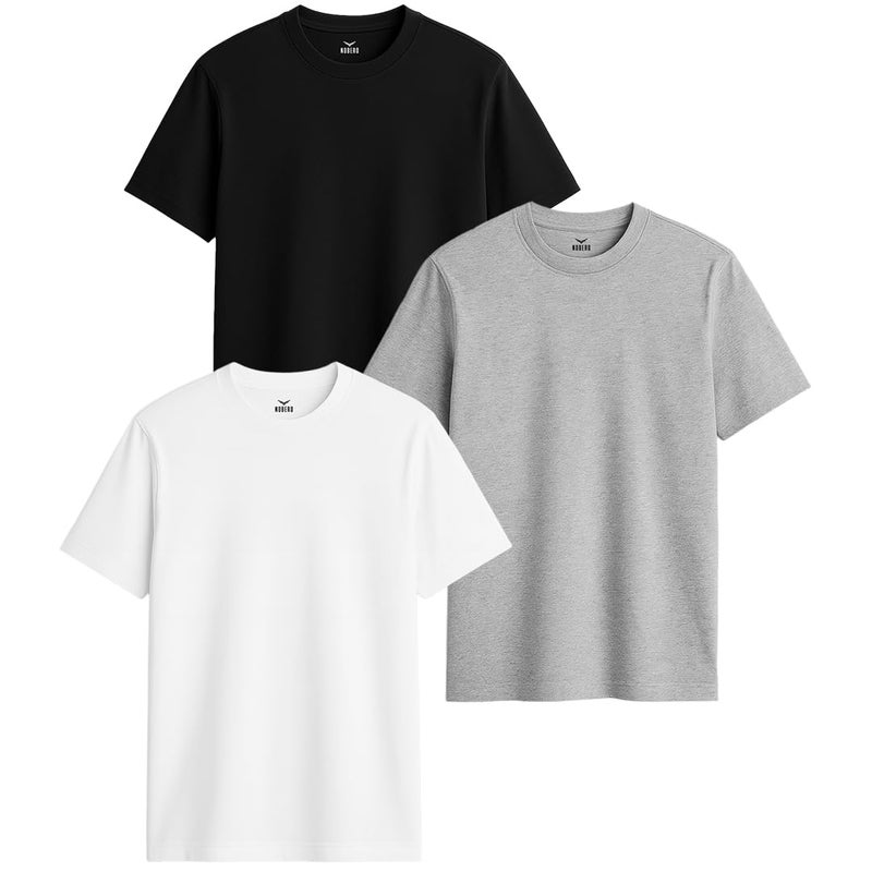NOBERO Men's Cotton Solid Regular Fit T-Shirt (1M-TWTS-R0008_Black/White/Grey Melange, 2XL - Image 5